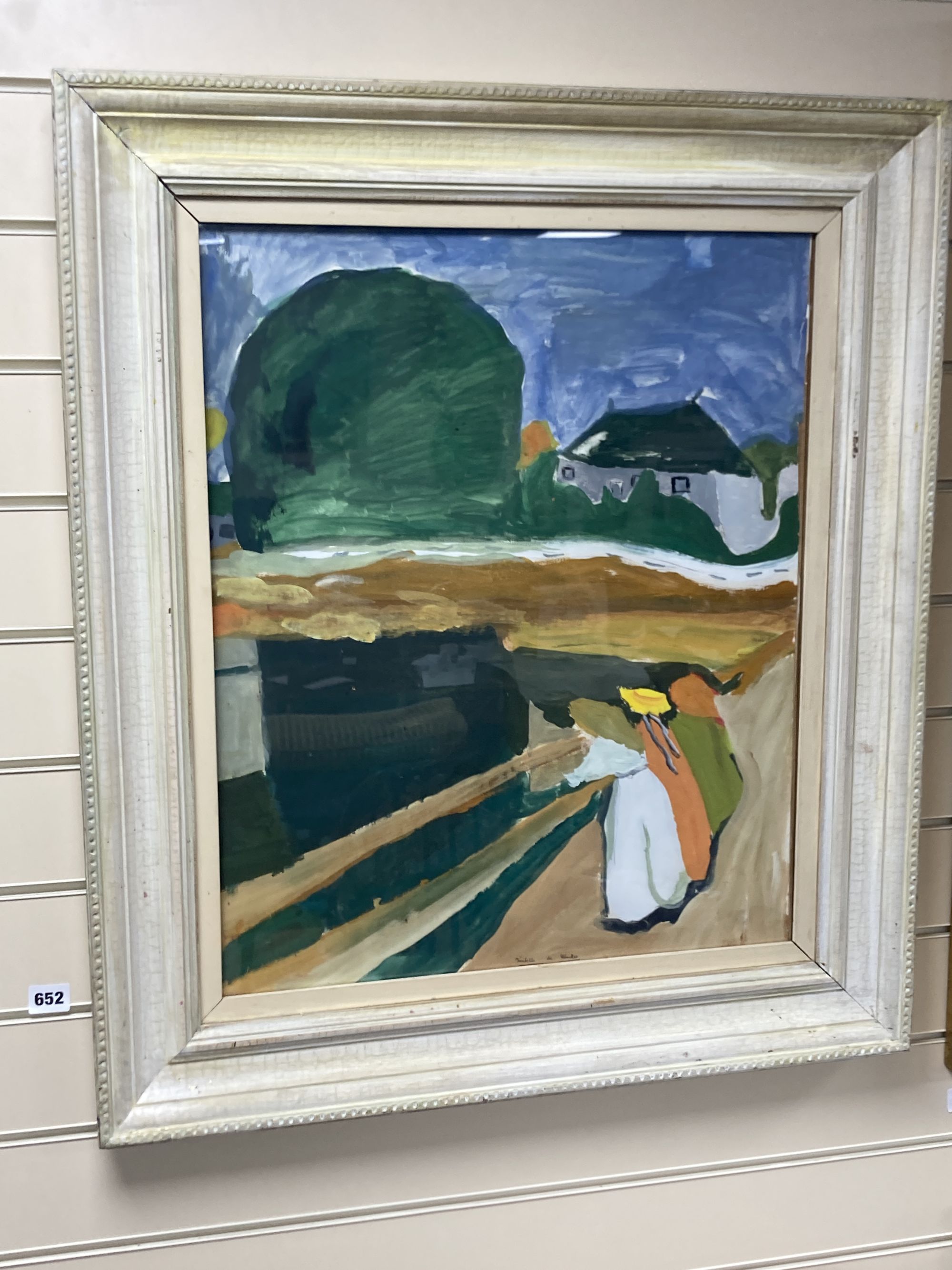Isabelle de Wouters, gouache on paper, Three women in a landscape, signed, 60 x 49cm